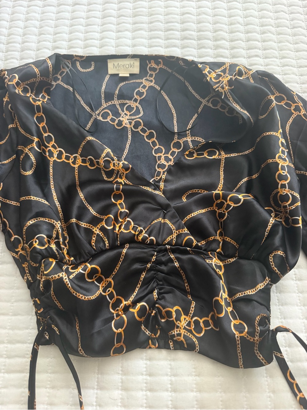 meraki Black Satin Crop Top with Gold Chain Print